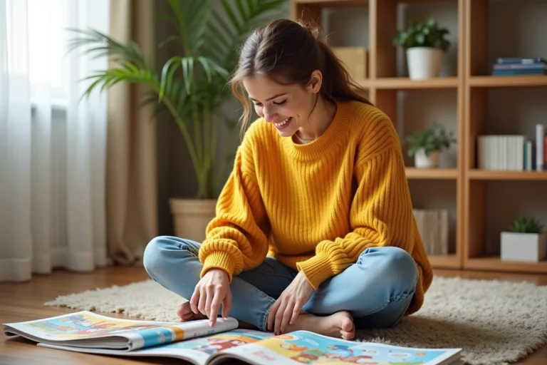 Femme assise sur un parquet en bois entourée de magazines jeunesse colorés, feuilletant les pages de Youpi La Maison avec enthousiasme