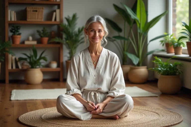 Femme méditant assise dans un intérieur calme et chaleureux