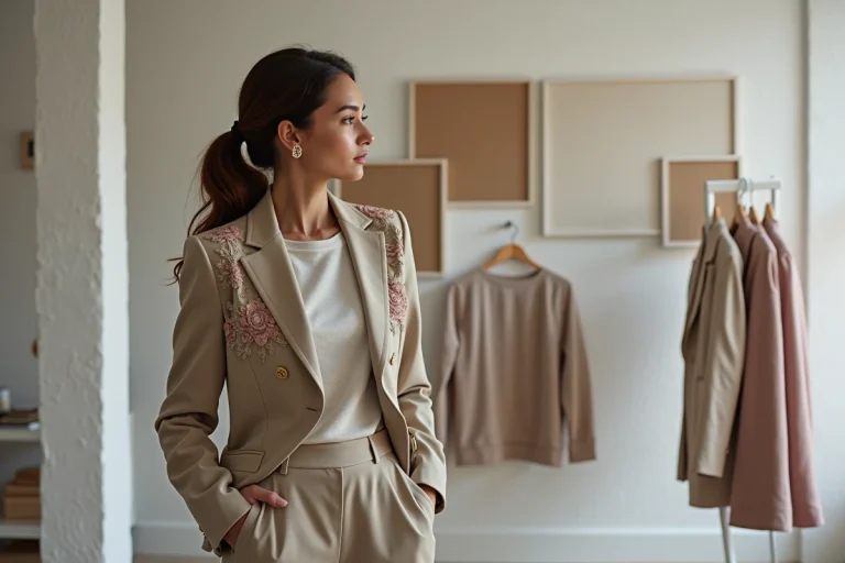 Femme élégante en blazer brodé et pantalon large dans un studio
