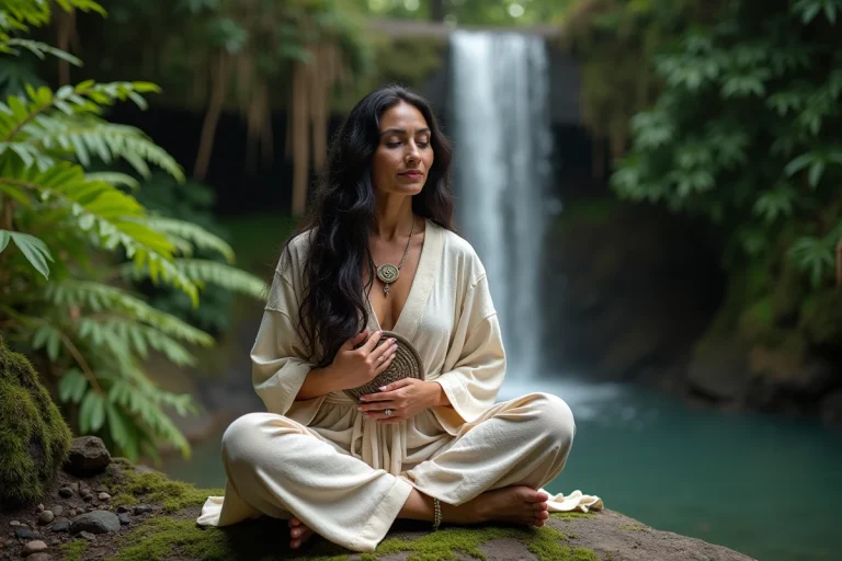 Femme méditant dans la forêt tropicale avec symbole ancien