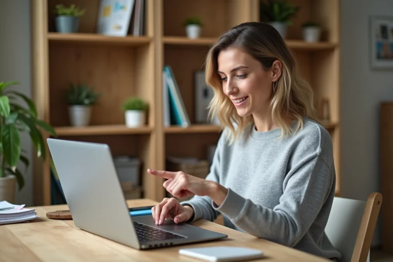 Femme consultant le plan du site Brico Déco Home sur un ordinateur portable dans un bureau à domicile cosy