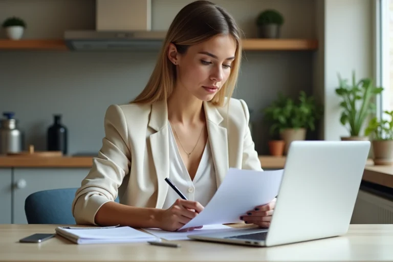 Jeune femme française travaillant à domicile sur des papiers