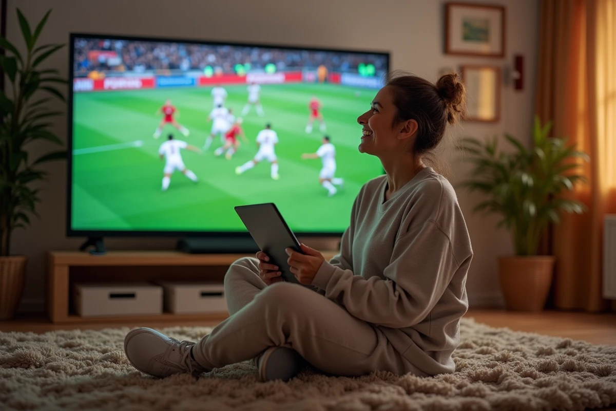 Femme souriante regardant la télévision en regardant son tablet