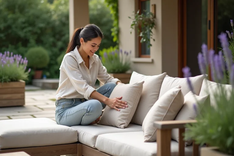 Femme détendue arrangeant des coussins sur un sofa extérieur