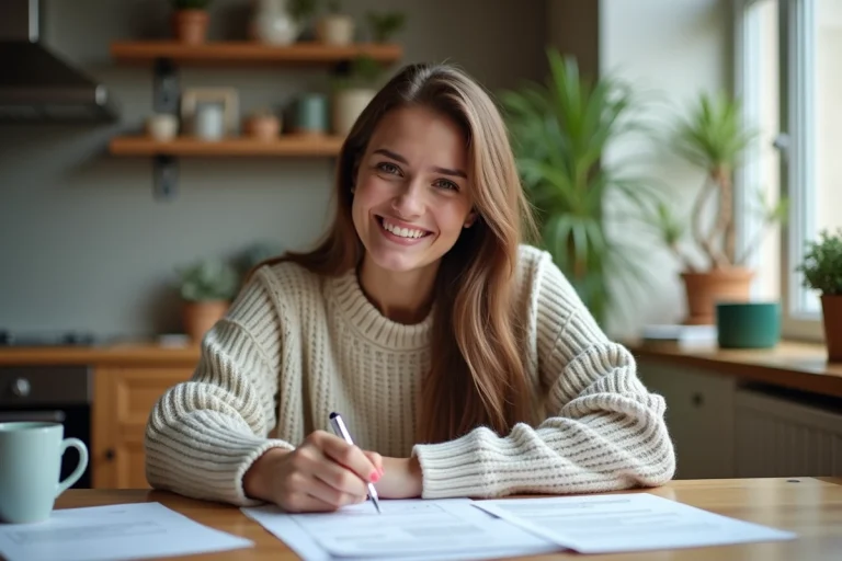 Femme souriante remplissant des formulaires à la maison