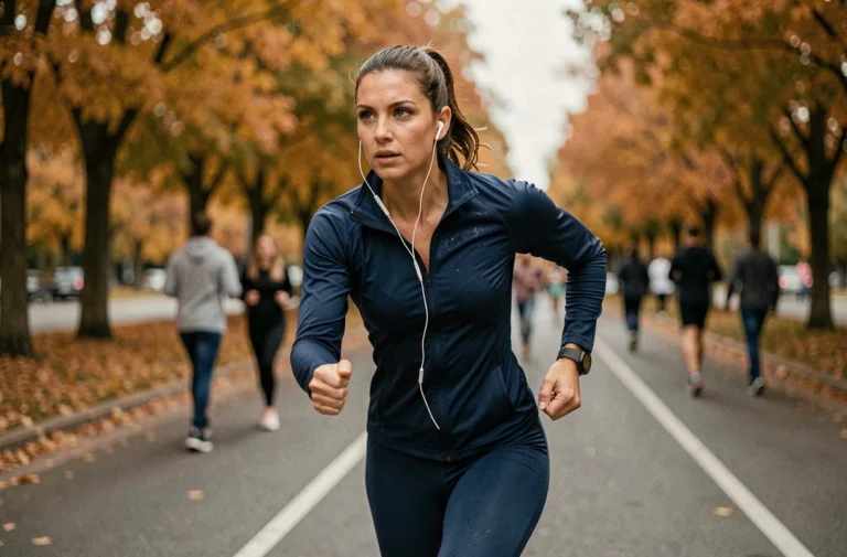 Femme athlétique en tenue de running courant dans un parc urbain en automne, montre connectée au poignet