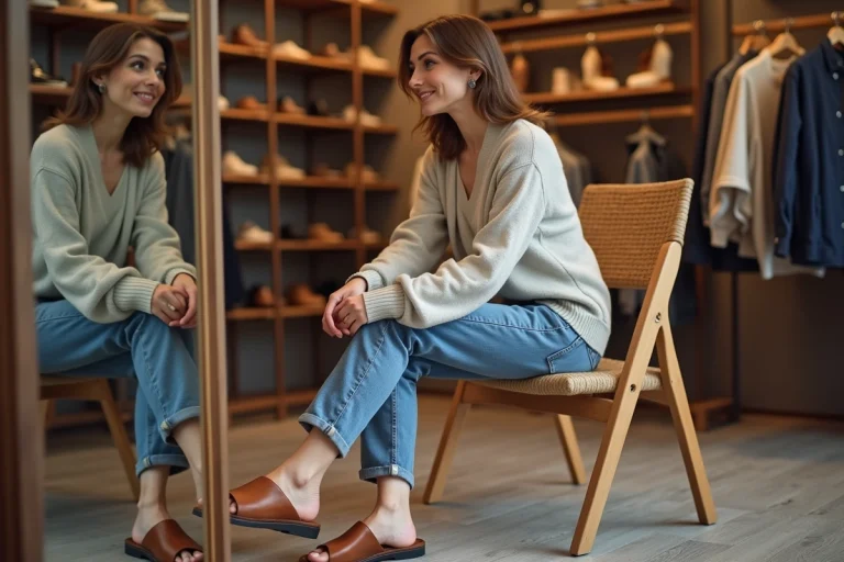 Femme assise essayant des sandales confortables dans une boutique