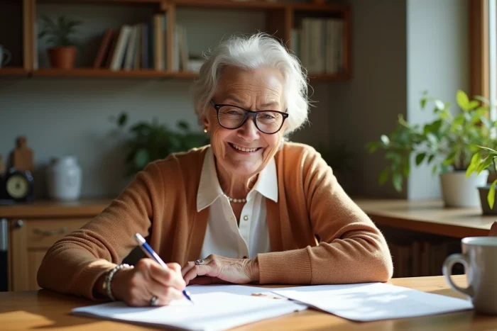 Femme senior souriante dans sa cuisine lumineuse