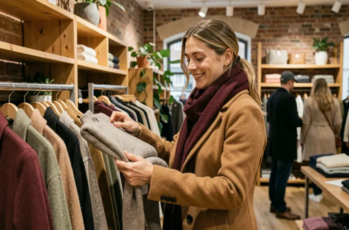 Femme souriante qui fait du shopping dans une boutique de vêtements tendance avec des étagères en bois et une ambiance chaleureuse
