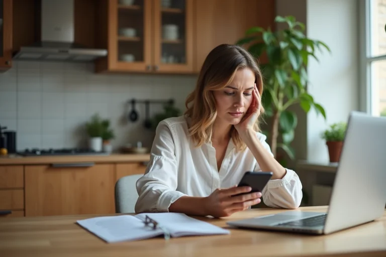 Femme concentrée utilisant son smartphone dans une cuisine cosy
