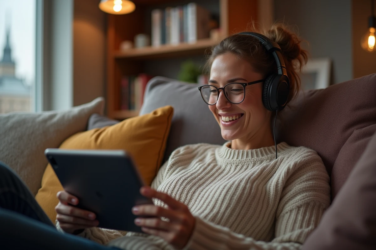 Femme regardant un site de streaming sportif sur sa tablette