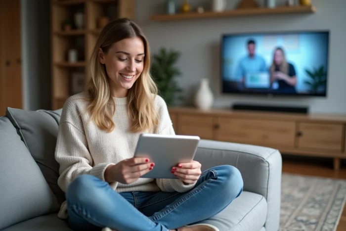 Femme souriante regardant une émission de télévision dans un salon cosy
