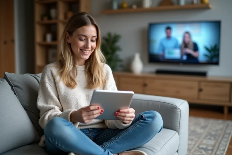 Femme souriante regardant une émission de télévision dans un salon cosy