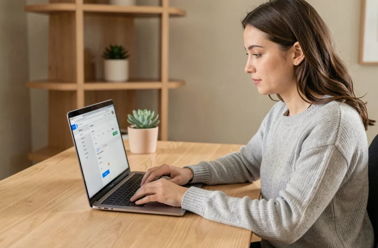 Femme consultant les paramètres de son compte Amazon sur un ordinateur portable pour supprimer son historique d'achats