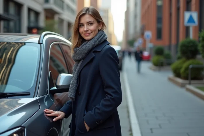 Jeune femme en ville avec SUV compact et style urbain