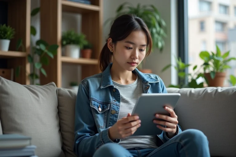 Jeune femme avec tablette dans un salon cosy