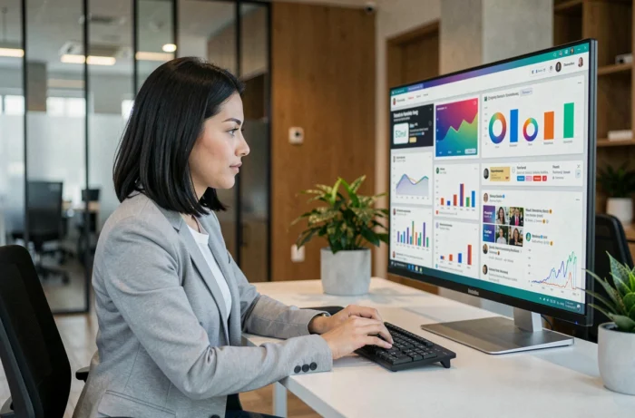 Femme professionnelle consultant les tendances digitales sur un écran d'ordinateur dans un bureau moderne