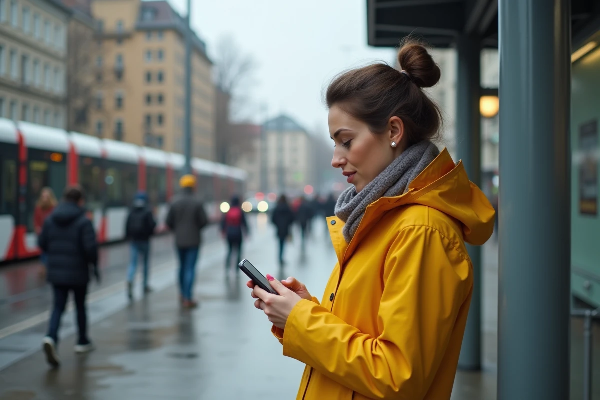 Femme en imper jaune utilisant son smartphone à un arrêt de tram urbain