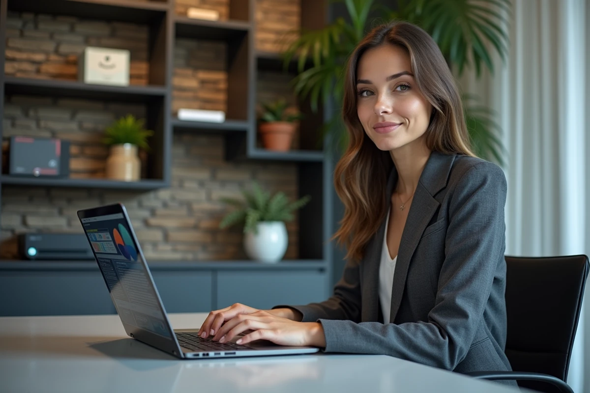 Jeune femme concentrée travaillant sur un ordinateur dans un bureau moderne