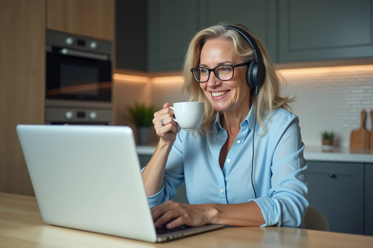 Femme souriante utilisant un ordinateur portable dans la cuisine