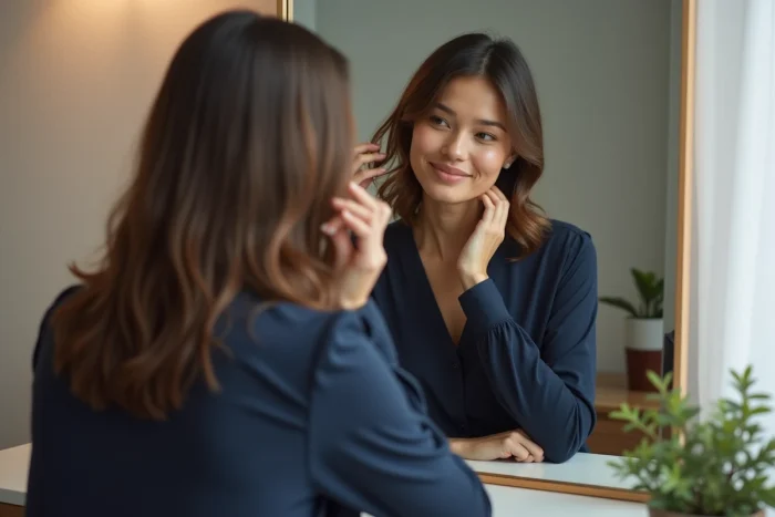 Femme élégante dans un miroir contemplant ses cheveux