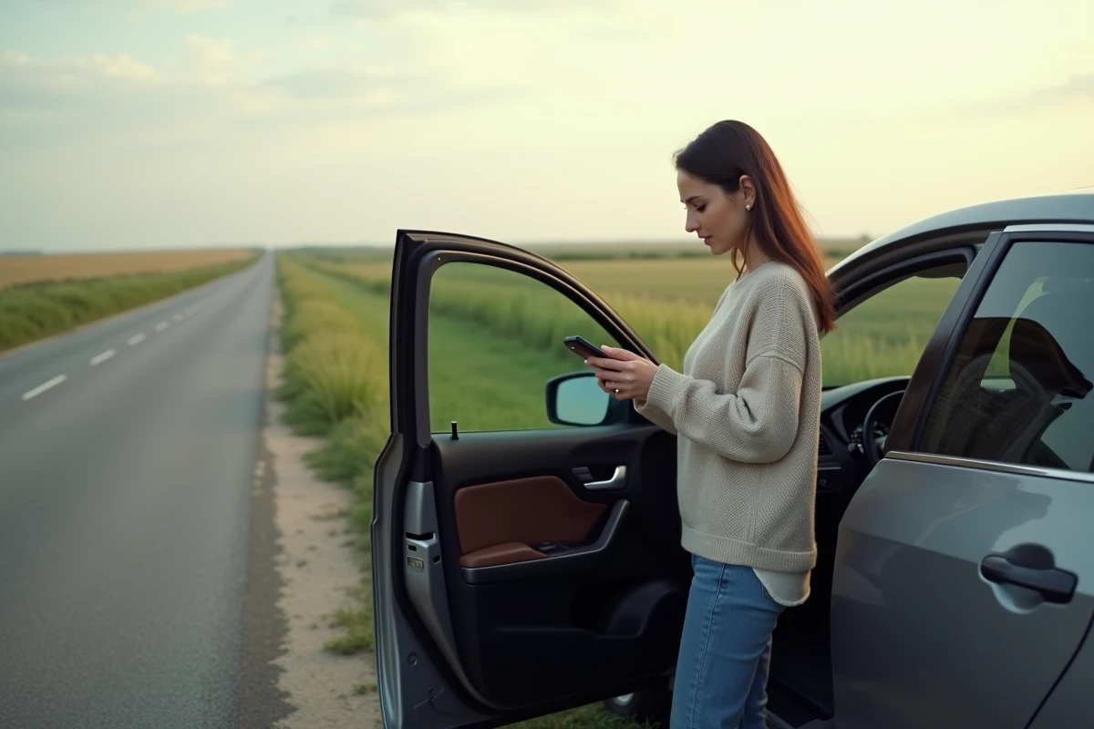 Jeune femme regardant le tableau de bord de sa voiture en campagne