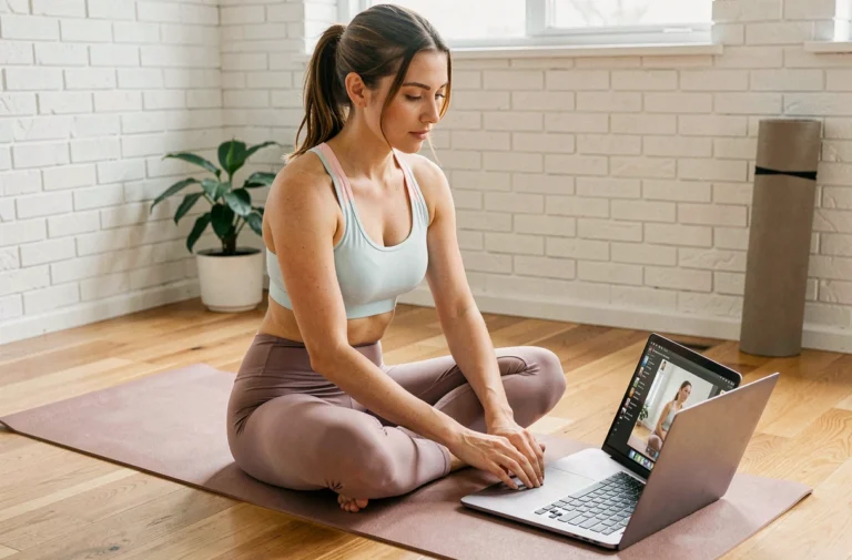 Femme pratiquant le yoga à domicile en suivant un cours de sport en ligne sur son ordinateur portable