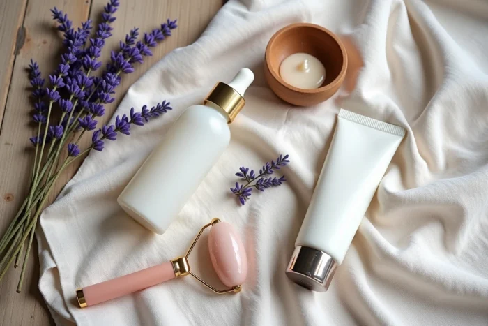 Flat lay de produits de beauté essentiels sur tissu en lin avec roller en quartz rose et brins de lavande séchée