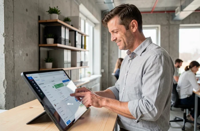 HR manager using an HR application on a tablet in a collaborative workspace