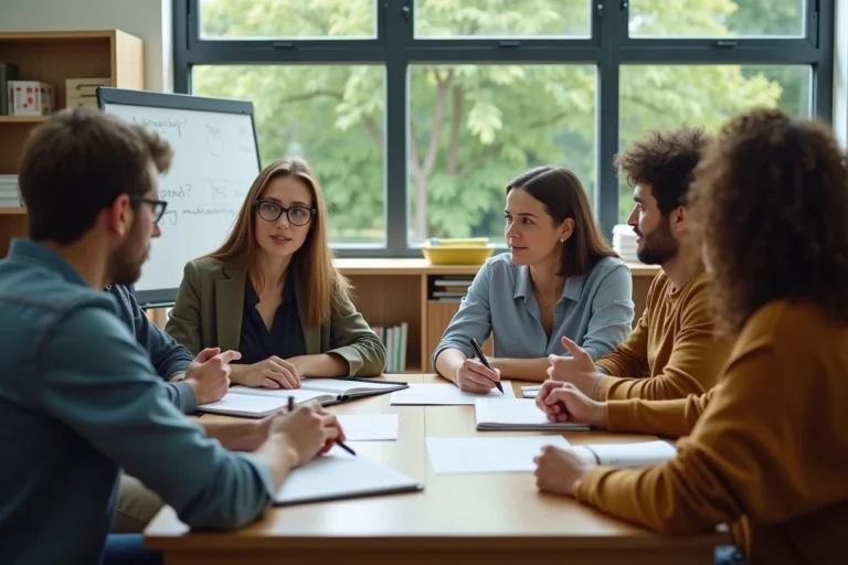 Groupe d'adultes en discussion dans une salle moderne