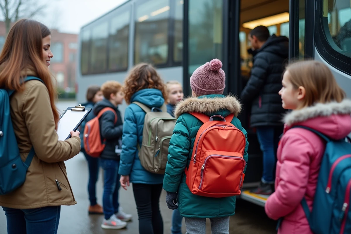 Enfants en file avec professeur devant le bus scolaire
