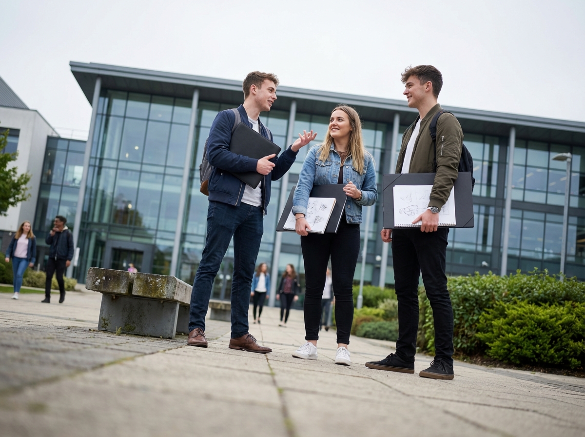 Trois étudiants discutant devant un bâtiment universitaire moderne