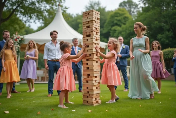 Groupe d'adultes et enfants jouant au Jenga lors d'un mariage en plein air