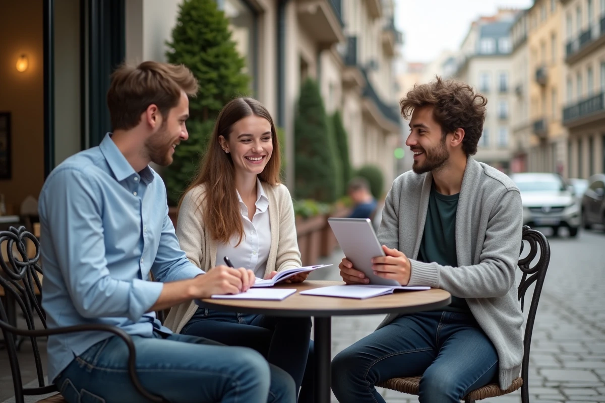 Trois jeunes discutant autour d un café en ville