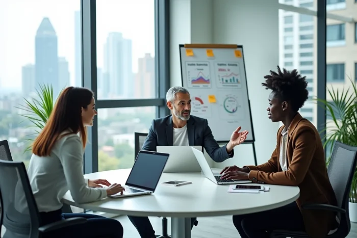 Groupe de professionnels participant à une formation business innovante autour d'une table de réunion moderne