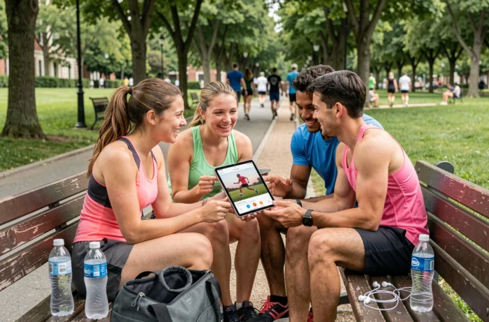 Grupo de deportistas consultando una aplicación de entrenamiento deportivo en línea en una tableta en un parque