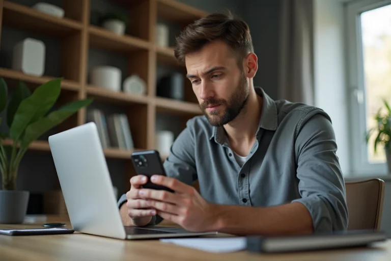 Homme consultant les options d'abonnement de l'application Tuya sur son smartphone dans un bureau connecté