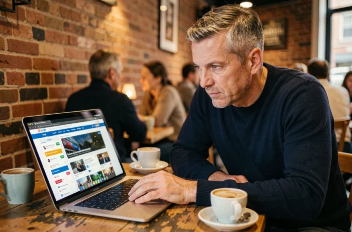 Man consulting web news and digital trends on a laptop in an urban café
