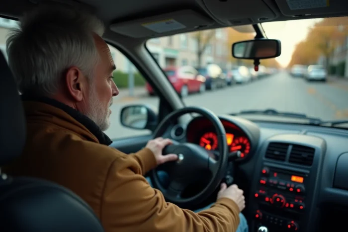 Homme d'âge moyen dans sa voiture en ville avec triangle orange