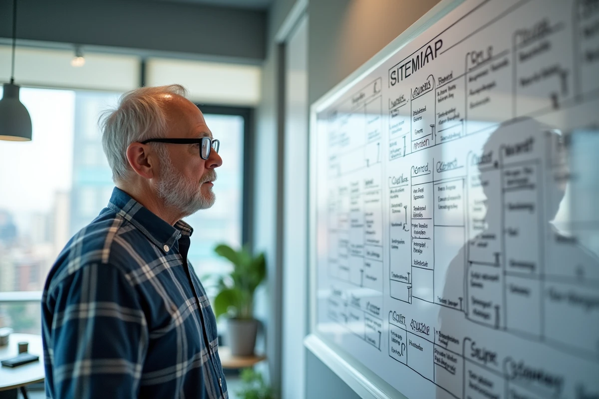 Homme regardant un sitemap sur un whiteboard en bureau urbain