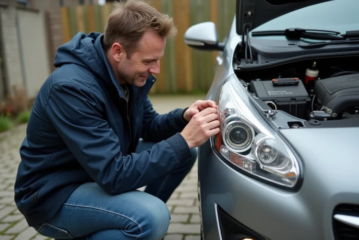 Homme remplaçant le phare d'une Peugeot 2008 en extérieur