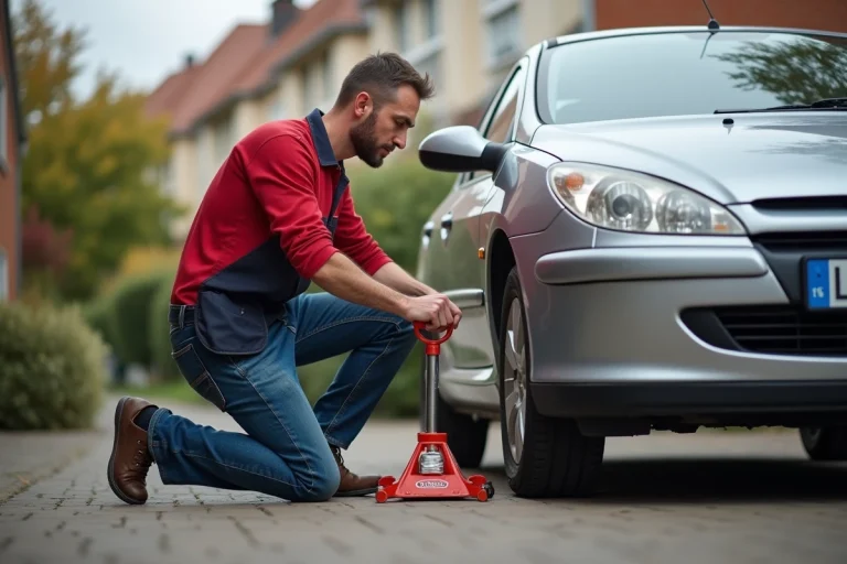 Homme moyenâge en jeans et chemise rouge près d'une Peugeot 307
