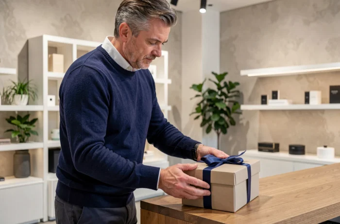 Man carefully choosing a gift in a high-end concept store with minimalist and clean decor