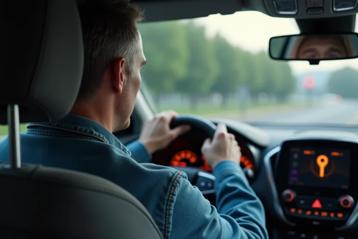 Homme moyenâgeux regardant le tableau de bord de sa voiture
