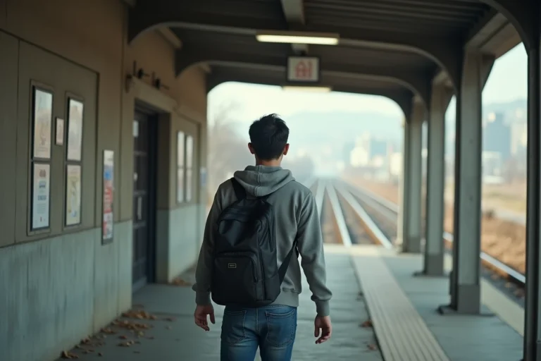 Homme marche seul sur une plateforme de train vide
