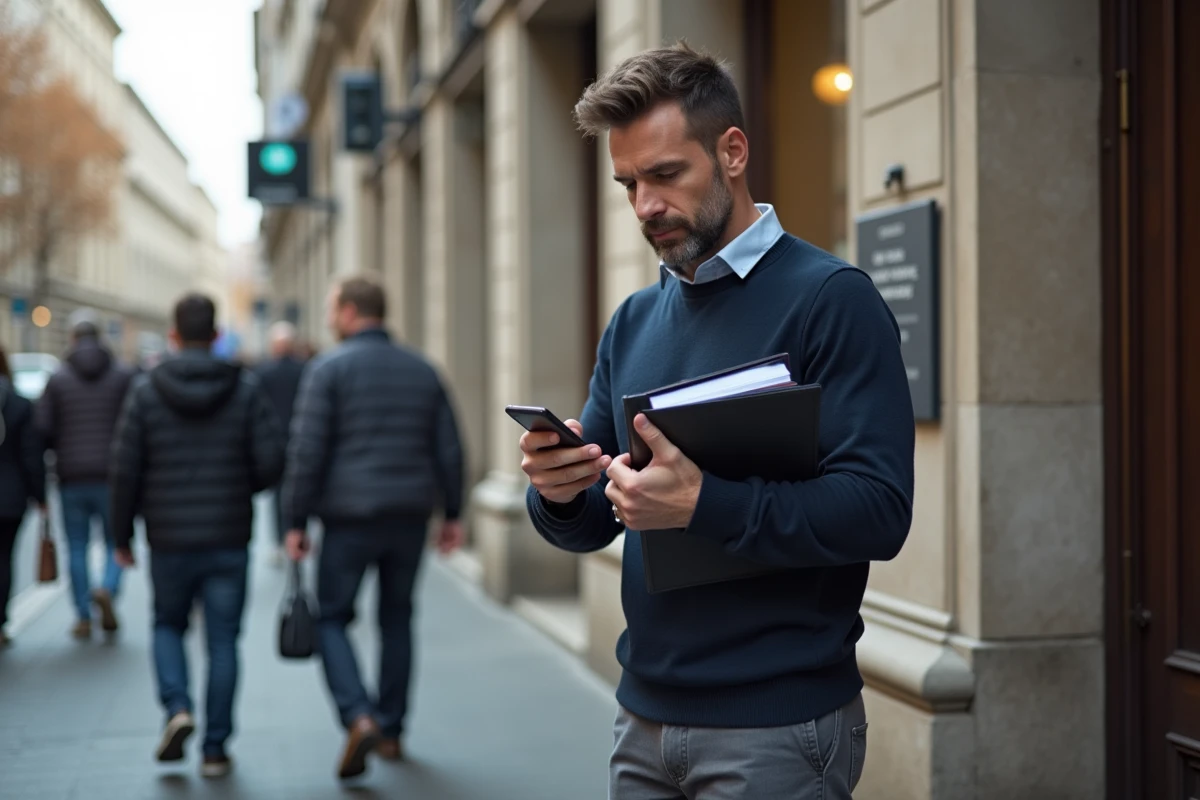 Homme français vérifiant son smartphone devant un bâtiment administratif