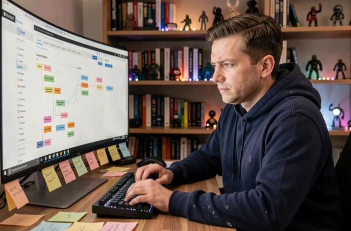 Un homme geek naviguant sur un plan de site complet affiché sur un grand écran ultrawide dans un bureau à domicile cosy