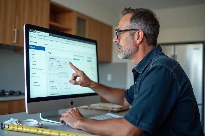 Homme consultant le plan de navigation du site Brico Déco Home depuis un espace cuisine en rénovation