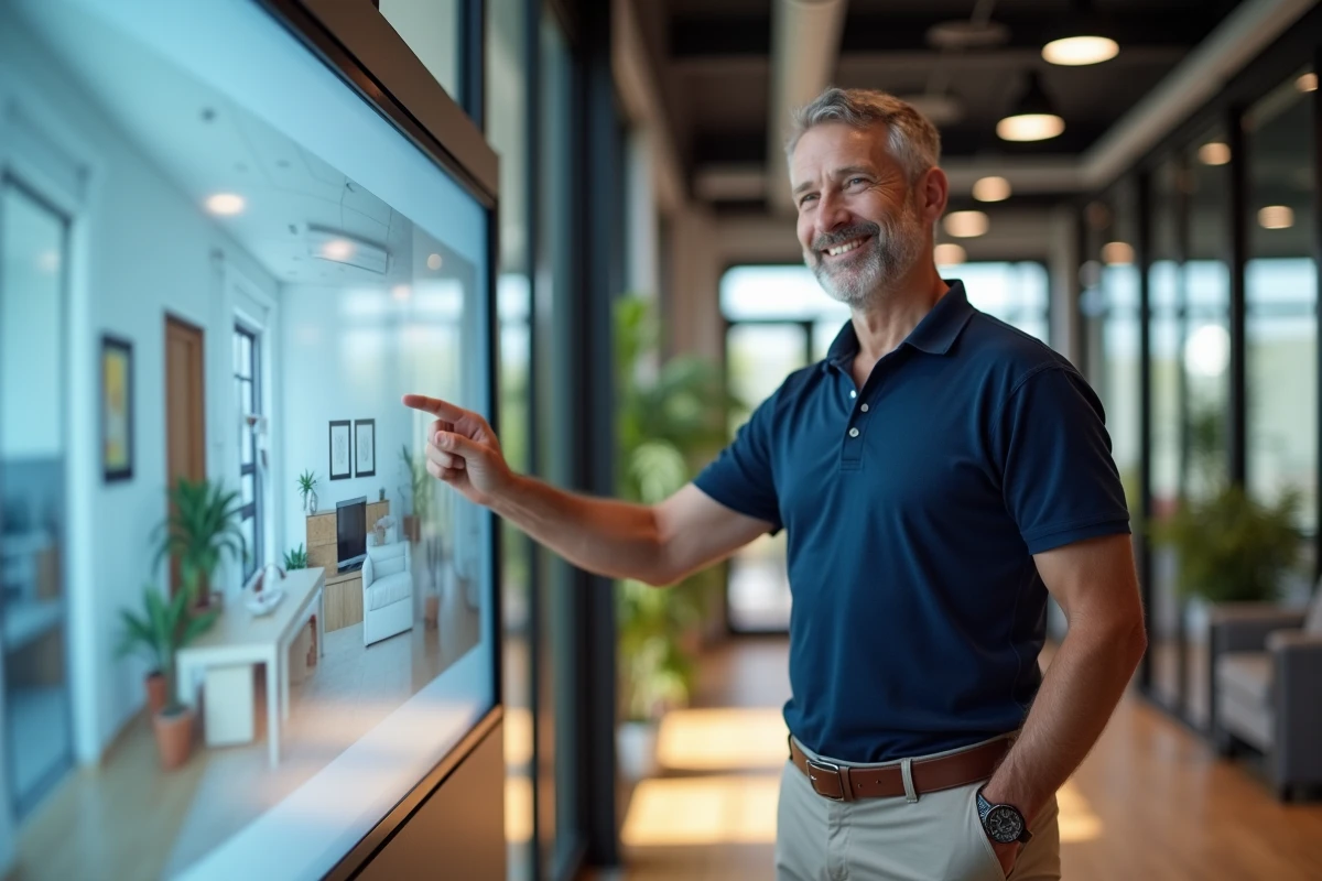 Homme pointant une plateforme de design immobilier dans un bureau moderne