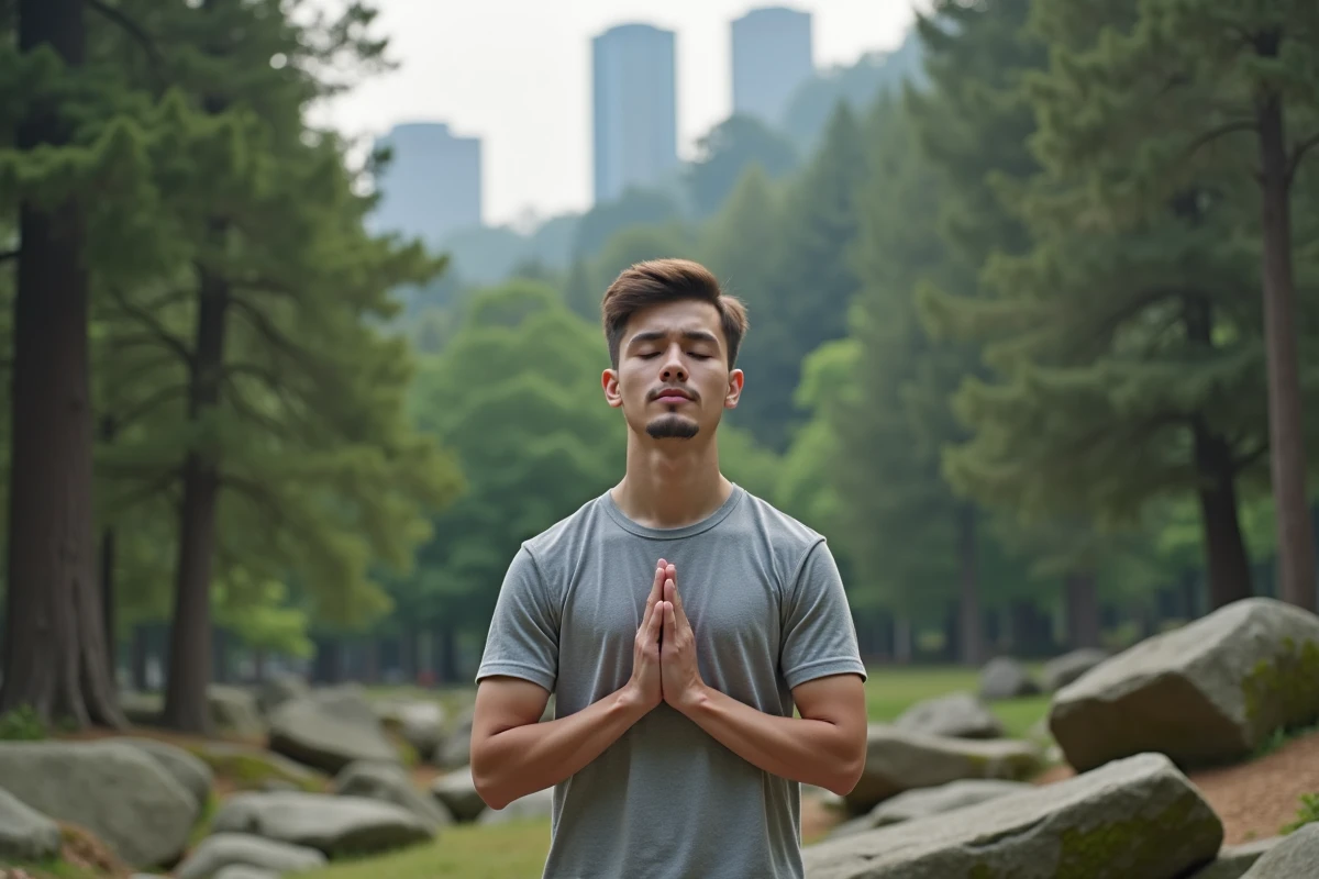 Jeune homme pratiquant la pleine conscience en plein air